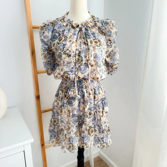 Misa Las Angles Kayla Mini Dress Sketched Floral Smocked Tie Neck - Picture 6 of 16